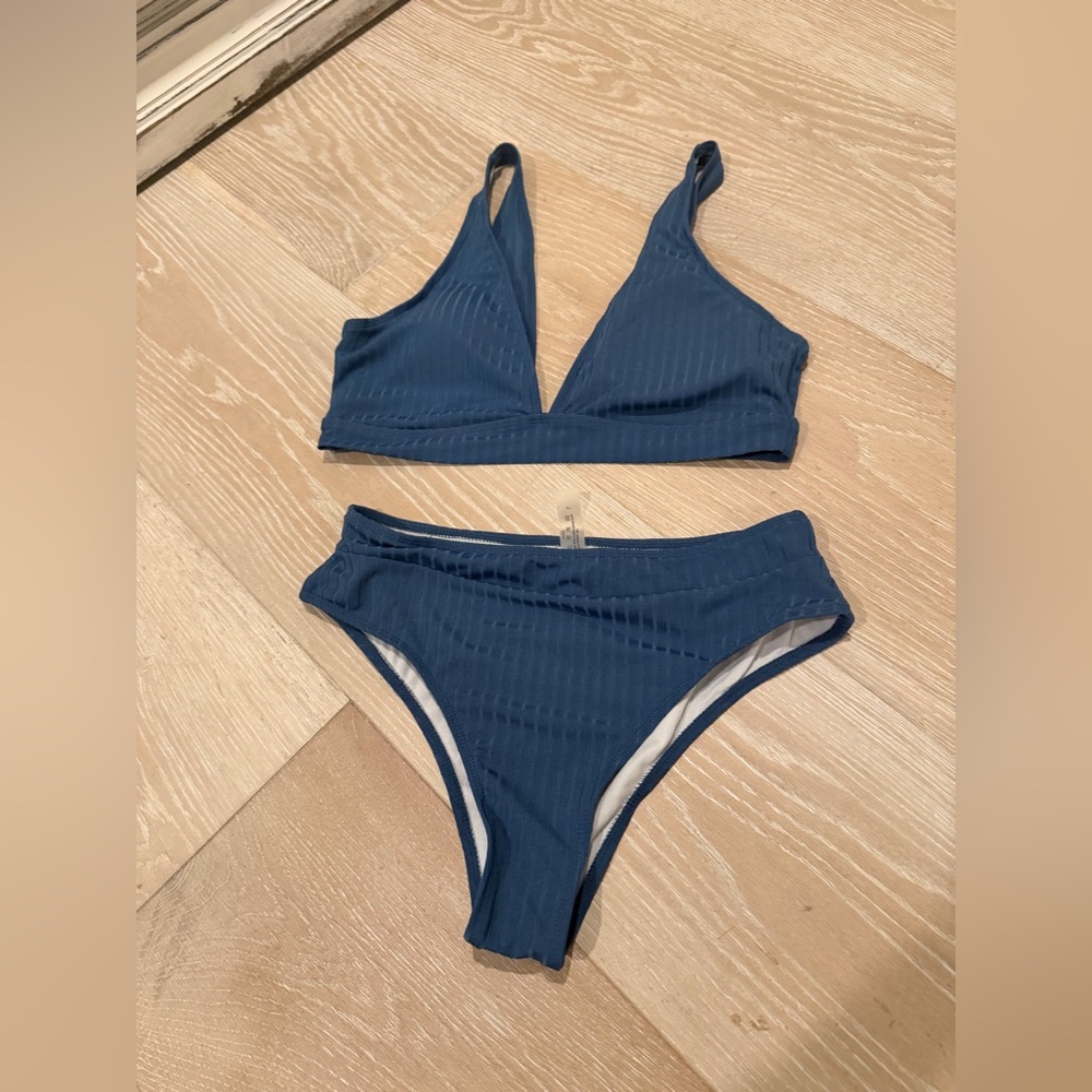 SHEIN Blue Ribbed Triangle Bikini Set